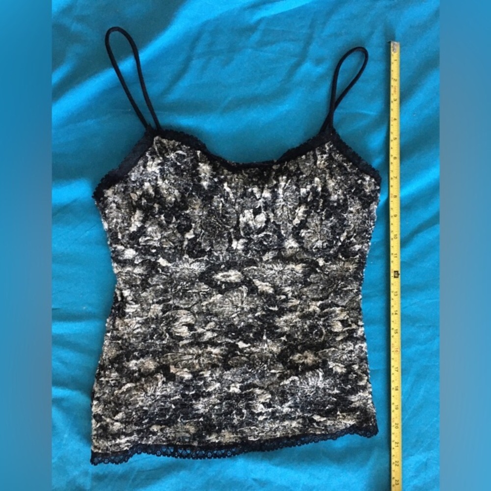 90’s Basic USA sexy textured lacy black/silver/cream cami with black lace trim.